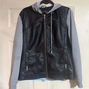 Stylish Black and Gray Leather Jacket with Hood